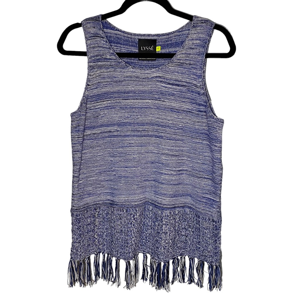 LYSSE Womens Medium Lexi Knit Fringe Sleeveless Tank Sweater Blue Black Scoop